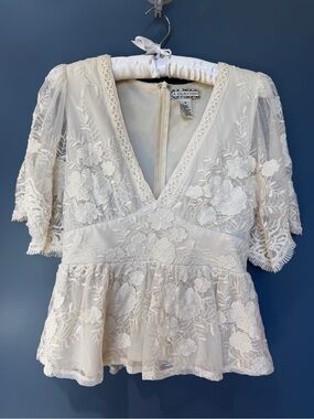Flying Tomato Cream Floral Lace V-Neck Peplum Blouse